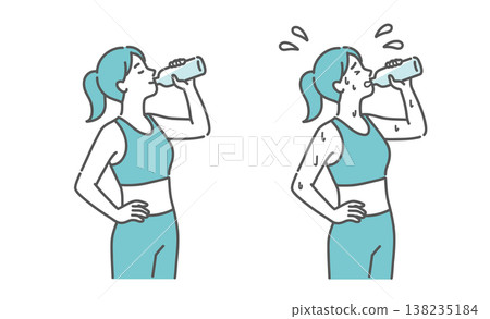 一組插圖對比了面帶微笑的女性補充水分和汗流浹背的女性(導致中暑)。 一組插圖對比了面帶微笑的女性補充水分和汗流浹背的女性(導致中暑)。 138235184