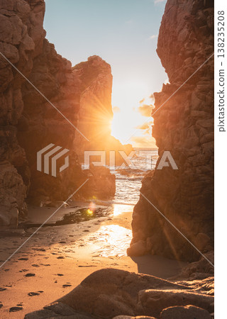 Praia da Ursa beach, Sintra-Cascais Natural Park, Portugal, cliffs in the sea at sunset 138235208