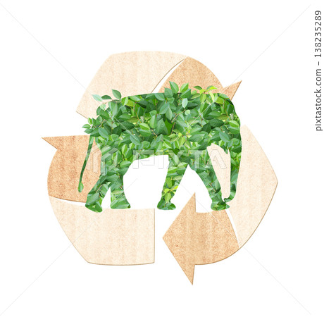 Arrows recycle symbol and Elephant silhouette made of green leaves. Renewable resources. Eco-friendly, Ecology, go green, Green Energy, environmental, wildlife protection concept. Isolated on white Arrows recycle symbol and Elephant silhouette made of green leaves. Renewable resources. Eco-friendly, Ecology, go green, Green Energy, environmental, wildlife protection concept. Isolated on white 138235289