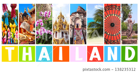 Welcome to Thailand. Travel, rest, vacation, holiday concept. Vertical banner with colourful scenes. View of beach, landmark of Chiang Mai, Ayutthaya, Bangkok. Topic of sightsee, trip, cruise, tour Welcome to Thailand. Travel, rest, vacation, holiday concept. Vertical banner with colourful scenes. View of beach, landmark of Chiang Mai, Ayutthaya, Bangkok. Topic of sightsee, trip, cruise, tour 138235312