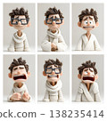 Cartoon character with glasses displaying various expressions portraying a spectrum of emotions including joy, sorrow, shock, distress, and exasperation, reflecting a broad emotional journey 138235414