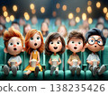 Group of diverse animated children enthusiastically watching a captivating film in a movie theater, expressing wonder, surprise, and enjoying popcorn during an engaging cinema experience 138235426