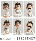 Cartoon character man in glasses displaying a full spectrum of emotions, including joy, confusion, anger, tiredness, sadness, and frustration, perfectly capturing diverse human reactions 138235437
