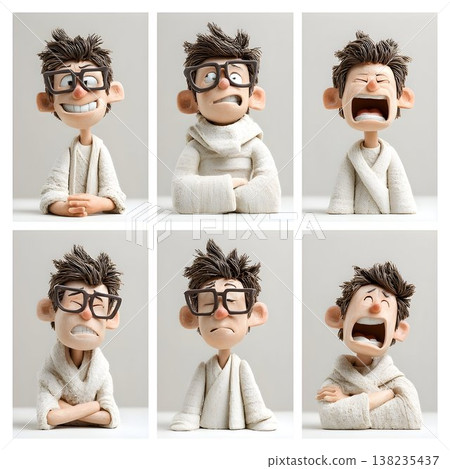 Cartoon character man in glasses displaying a full spectrum of emotions, including joy, confusion, anger, tiredness, sadness, and frustration, perfectly capturing diverse human reactions Cartoon character man in glasses displaying a full spectrum of emotions, including joy, confusion, anger, tiredness, sadness, and frustration, perfectly capturing diverse human reactions 138235437