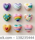 Creating a vibrant background pattern with numerous colorful heart shapes featuring a mix of solid. And textured designs on a tri-color pastel surface 138235444