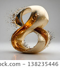 Golden 3d number eight exploding into glittering particles on a plain studio background, symbolizing celebration, achievement, transformation and premium luxury energy 138235446