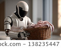 Humanoid robot performing domestic chores, holding a laundry basket with clothing, symbolizing artificial intelligence future and smart home automation technology 138235447