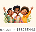 Cheerful multiethnic people wearing glasses and bright clothing standing side by side, waving with wide smiles, expressing youthful camaraderie and playful energy,radiating joy, friendship and 138235448