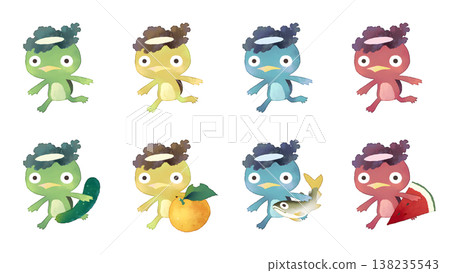 Set of 8 Kappa character illustrations, watercolor style, transparent PNG. 138235543