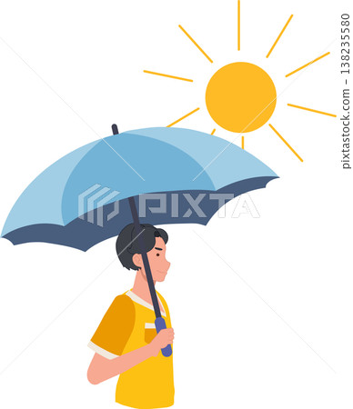 young man holding umbrella to block strong sunlight outdoors during summer day. heat protection 138235580