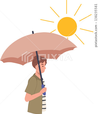 male character walking outside using umbrella for sun protection under bright sun. hot weather and climate awareness 138235581