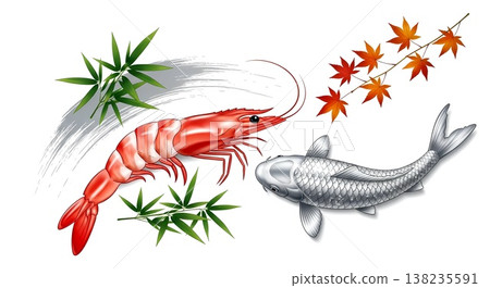 ebi (shrimp) with tail fanned, featuring a platinum koi (ginrin platinum variety), bamboo leaves, maple leaves in a gentle cascade 138235591