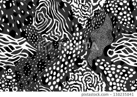 Vector abstract black and white spots, curved lines and dots background 138235841