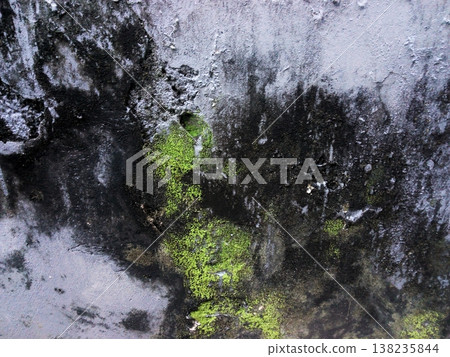 Detailed view of a grungy wall texture with dark patches and bright green moss. This abstract background showcases natural growth on a neglected, weathered surface. 138235844