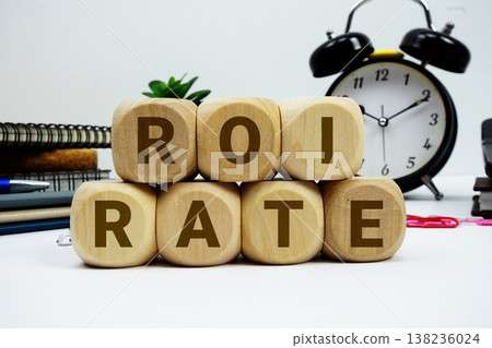 ROI Rate alphabet letters with calculator and alarm clock on white background 138236024