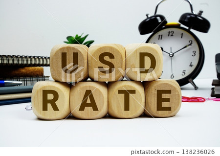 USD Rate alphabet letters with calculator and alarm clock on white background USD Rate alphabet letters with calculator and alarm clock on white background 138236026