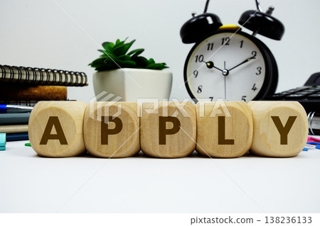 APPLY alphabet letters with alarm clock and calculator on white background 138236133