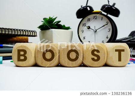 BOOST alphabet letters with alarm clock and calculator on white background BOOST alphabet letters with alarm clock and calculator on white background 138236136