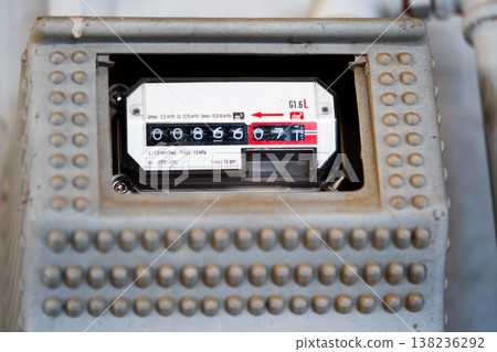 Curves of the gas pipe on the background wall. Multiple city gas meters. Korea 138236292