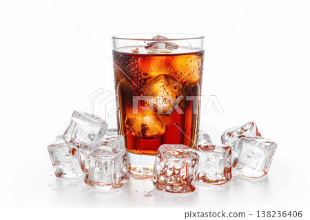 Chilled cola glass with ice cubes on white background.. 138236406