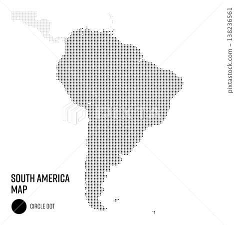 World map (coarse dot pattern), South America region, grouped by country. World map (coarse dot pattern), South America region, grouped by country. 138236561