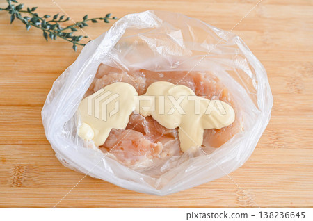 在醃製好的雞胸肉中加入蛋黃醬。 在醃製好的雞胸肉中加入蛋黃醬。 138236645
