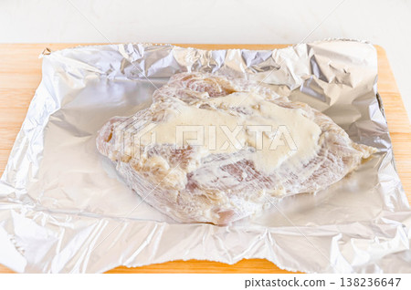 Grill chicken breast marinated in mayonnaise. Grill chicken breast marinated in mayonnaise. 138236647
