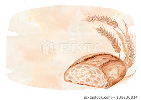 Watercolor sourdough bread composition with cut loaf and wheat ears on soft background. Hand painted bakery illustration for packaging design, branding, menu, label, organic product presentation Watercolor sourdough bread composition with cut loaf and wheat ears on soft background. Hand painted bakery illustration for packaging design, branding, menu, label, organic product presentation 138236834