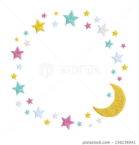 [Pastel Pop Star and Moon Circle Frame] Hand Embroidery Illustration Material 138236941