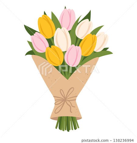 Delicate tulip bouquet wrapped in kraft paper soft floral arrangement 138236994