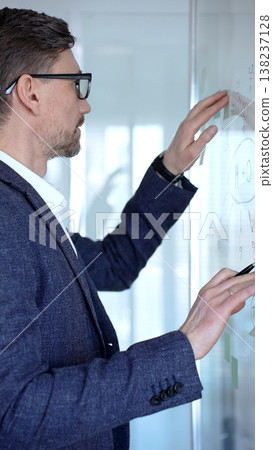Businessman brainstorming new strategies and analyzing project ideas on a glass whiteboard, developing innovative solutions for corporate growth and leadership Businessman brainstorming new strategies and analyzing project ideas on a glass whiteboard, developing innovative solutions for corporate growth and leadership 138237128