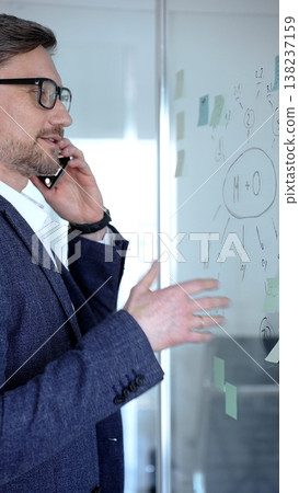 Mature businessman communicating on phone call discussing ideas and plans, gesturing near glass board with brainstorm notes and strategy diagrams in office Mature businessman communicating on phone call discussing ideas and plans, gesturing near glass board with brainstorm notes and strategy diagrams in office 138237159