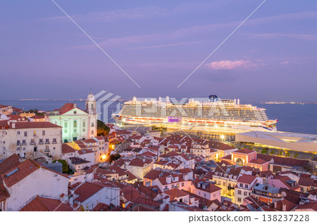 Alfama Oldest Neighborhood and Cruise Ship at Evening Twilight. Lisbon, Portugal Alfama Oldest Neighborhood and Cruise Ship at Evening Twilight. Lisbon, Portugal 138237228