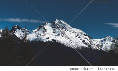 Snow-Covered Mountain Peak Under Clear Blue Sky 138237450