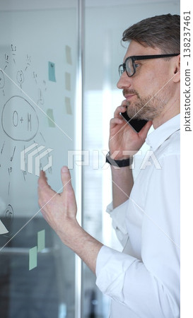 Professional businessman in glasses communicating on smartphone, standing by a modern glass whiteboard with notes, brainstorming new business strategies and ideas Professional businessman in glasses communicating on smartphone, standing by a modern glass whiteboard with notes, brainstorming new business strategies and ideas 138237461
