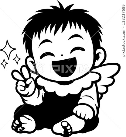 微笑的天使寶寶比出和平手勢 - 單色插圖 138237689