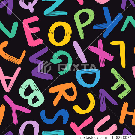 Colorful alphabet on dark background vector seamless pattern, Hand painted vibrant letters for kids designs, education resources Colorful alphabet on dark background vector seamless pattern, Hand painted vibrant letters for kids designs, education resources 138238074