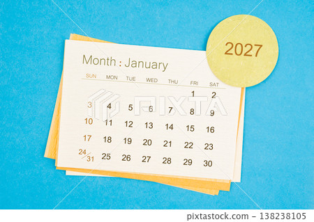 January 2027 calendar page on blue background. 138238105