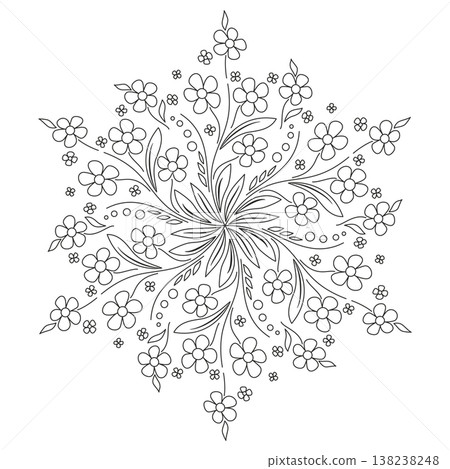 Coloring page with ethnic flowers ornament. Black and white mandala. Ornamental round pattern Coloring page with ethnic flowers ornament. Black and white mandala. Ornamental round pattern 138238248