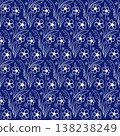Wild flowers in folk style seamless pattern. White flowers on dark blue background. Summer night flowers. Monochrome blue and white design. 138238249