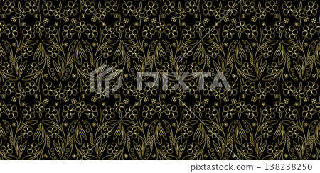 Seamless pattern golden flowers on black background Floral ornament Wild flowers traditional style Seamless pattern golden flowers on black background Floral ornament Wild flowers traditional style 138238250