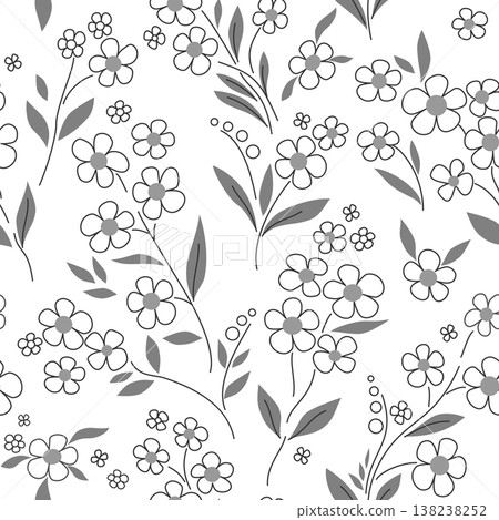 Wild flowers in folk style seamless pattern. Floral background. Graphic design of summer flowers. Monochrome black and white design. 138238252
