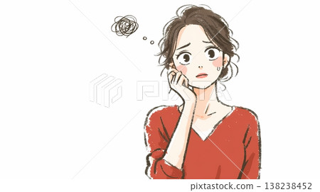 家庭主婦摀著臉頰，一臉憂慮──線條簡潔的平面插畫 138238452