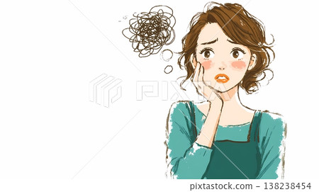 家庭主婦摀著臉頰，一臉憂慮──線條簡潔的平面插畫 138238454