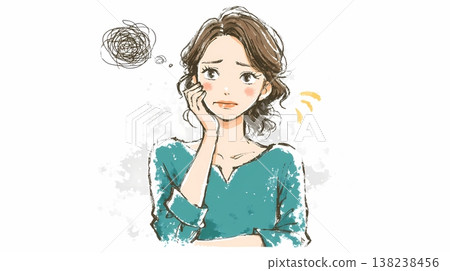 家庭主婦摀著臉頰,一臉憂慮──線條簡潔的平面插畫 家庭主婦摀著臉頰,一臉憂慮──線條簡潔的平面插畫 138238456