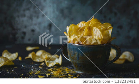 一張食物圖片,畫面中一杯薯片放在深色背景上。 一張食物圖片,畫面中一杯薯片放在深色背景上。 138238481