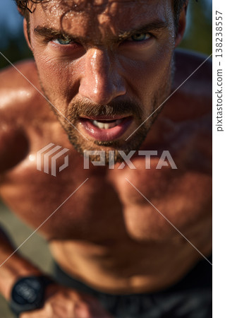 Hybrid athlete on trail at sunrise. Hybrid athlete on trail at sunrise. 138238557