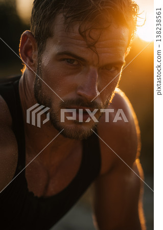 Hybrid athlete on trail at sunrise. Hybrid athlete on trail at sunrise. 138238561