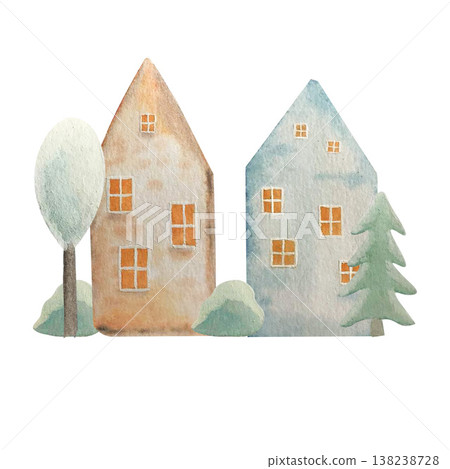 house and tree watercolor composition house and tree watercolor composition 138238728