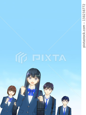 湛藍的天空,以及一幅動漫風格的高中或國中男生和女生的插圖。 湛藍的天空,以及一幅動漫風格的高中或國中男生和女生的插圖。 138238772